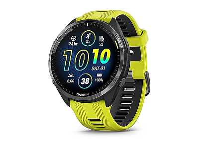 Garmin Forerunner 965 (010-02809-12), Triathlon Smartwatch schwarz/grau DLC Titan mit QuickFit 22 Silikon Armband gelb/schwarz