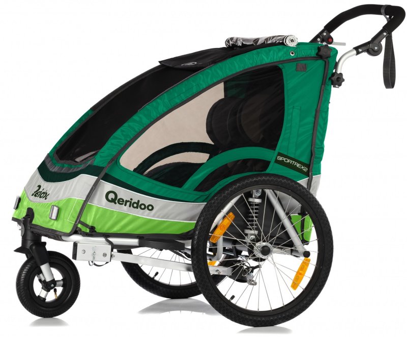 - PDA Jogger-Funktion und 2017 mit Buggyrad mit Federung, Qeridoo | Feststellbremse grün Kinderfahrradanhänger Max Sportrex2